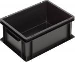 Preview: Das Bild zeigt eine rechteckige, schwarze Kunststoffbox ohne Deckel. Sie hat stabile Wände, eine glatte Oberfläche und zwei seitliche Griffe für ein einfaches Tragen.
