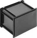 Preview: Das Bild zeigt eine schwarze, quadratische Kunststoffbox mit einem flachen Deckel. Sie hat keine sichtbaren Griffe und wirkt robust und funktional, ideal zum Verstauen von Gegenständen.
