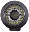 Preview: Das Bild zeigt eine runde LED-Leuchte mit einem inneren, dunklen Bereich. Um diesen Bereich sind gleichmäßig angeordnet 16 kleine, hellgelbe LED-Lampen, umgeben von einem schwarzen Gehäuse.
