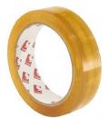Preview: The image shows a roll of transparent, yellowish tape. The inner part of the roll is white with red printed logos. The surface is smooth and shiny.