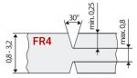 Preview: Das Bild zeigt eine technische Darstellung mit einem für FR4-Material typischen Schnitt. Es sind Maße und Winkel angegeben: Höhe 0,8 bis 3,2, Winkel 30°, Breite 0,25 bis 0,8.