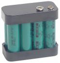 Preview: The image shows a rechargeable battery holder made of black plastic with three green cells. The cells are printed with information, and there are connectors on the top.