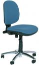 Preview: The chair has a round, padded seat and a high, curved backrest. It is swivel and has five casters for easy mobility. The color is a soft blue.
