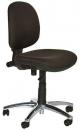 Preview: The chair has a round, padded seat and a high backrest. It is black and on a five-spoked, chrome-plated base with casters. The backrest is slightly curved.