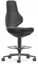 Preview: The office chair has a high backrest and a padded seat. It stands on a swivel base with five casters. A footrest is also included. The colors are primarily black with orange accents.
