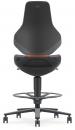 Preview: The office chair has a black, ergonomic backrest with a curved shape. The seat is also black and features an orange control strip. It stands on a five-spoke base with casters.