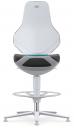 Preview: The image shows a modern swivel chair with a light, simple backrest and a dark seating area. The chair has a metallic base with casters and a foot ring.