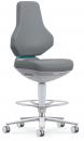 Preview: The image displays an ergonomic office chair with a gray cover. It features a high backrest, a round, adjustable seat, and a metal base with five casters for mobility.