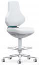 Preview: The chair has an ergonomic, white padded backrest and seat. It stands on an adjustable base and casters, making it easy to move.