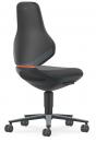 Preview: The chair has an ergonomic backrest with rounded edges. The seat is padded and black, with a decorative element in orange. It has five wheels and an adjustable base.