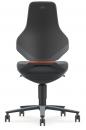 Preview: The chair features an ergonomic, high backrest in an elegant, matte black. The seat is round and has a slight curve. Beneath the seat, five caster feet extend. An orange accent line is visible.