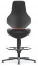 Preview: The image shows a modern office chair with a high backrest, black upholstery, and a gray frame. An orange accent runs horizontally in the middle. The chair has a footrest.