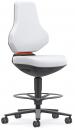 Preview: The chair has a high, ergonomic backrest and a wide seat. It is upholstered in white, has a black base with casters, and a foot ring for support.