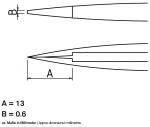 Preview: The image displays technical drawings with two different dimensions. At the top is a pointed element with a width of B = 0.6 mm, and at the bottom a view with a length of A = 13 mm.