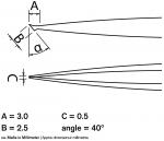 Preview: The image displays technical drawings with lines and dimensions. At the top, letters A, B, and an angle a are depicted. Below are the dimensions: A=3.0mm, B=2.5mm, C=0.5mm, Angle=40°.