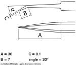Preview: Das Bild zeigt eine technische Zeichnung eines Werkzeugs, wahrscheinlich einer Pinzette. Es enthält Maße (A, B, C) in Millimetern und einen Winkel von 30°.