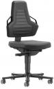 Preview: The swivel chair has a high backrest and a padded seat. It is black, with side armrests and an adjustable seat height. The base has five casters for easy mobility.