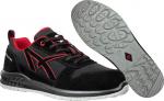 Preview: The image displays a sporty shoe in black with red accents. The sole is grippy and features a textured pattern. The shoe has laces and an adjustable strap.