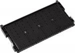 Preview: The image shows a black, rectangular component with several narrow grooves and slots. It has small protrusions on the sides and appears to be a storage or connecting element for technical devices.