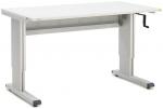 Preview: The table is rectangular with a white surface. It has two gray, sturdy legs and a hand crank on the side to adjust the height. There are ventilation slots under the tabletop.