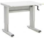 Preview: The table has a rectangular, white surface and is mounted on two silver legs with a sturdy frame. On one side, there is a hand crank for height adjustment.