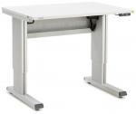 Preview: The image shows an adjustable-height desk with a white surface and silver legs. The tabletop is smooth, and there are control buttons on one side for height adjustment.