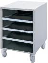 Preview: A small, white rolling cabinet with four drawers. The drawers are gray and have silver handles. The cabinet stands on four wheels and has a smooth top surface.