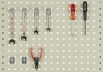 Preview: On a perforated panel, various tools are arranged: five wrenches in the top row, below them pliers with red handles, and two screwdrivers on the right side.
