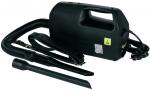 Preview: The image shows a black, compact vacuum cleaner with a handle and a long hose. There are two nozzles included: one flat and one narrow. A power cord is visible.