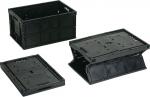 Preview: The image shows three black plastic crates. One crate is open, while the other two are tilted and either folded or unfolded. All are rectangular with ventilation holes.