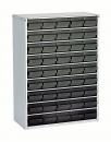 Preview: The image shows a squat metal storage cabinet with 20 small drawers in two vertical rows. The drawers are black and provide storage space for small items.