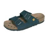 Preview: The shoe is a dark blue sandal with two straps and silver buckles. The sole is made of brown cork, with small holes for ventilation. It has a flexible, black rubber sole.