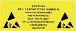 Preview: The image is a warning sign in bright yellow. It contains information about an ESD-protected area, precautions for handling, and warns of electrostatic discharges.