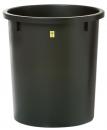 Preview: The image shows a round, black plastic trash can. It has a wide opening at the top and a smooth, vertical shape with a warning sticker.