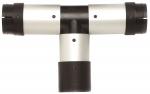 Preview: The image displays a T-shaped object in silver and black, with three round, solid sections. It has screws visible on the surface. The structure appears sturdy.
