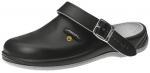 Preview: Das Bild zeigt einen schwarzen Clog mit einem breiten Riemen und einer Schnalle. Die Sohle ist hellgrau und der Schuh hat eine durchgehende, geschlossene Form.