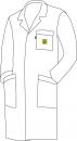 Preview: Das Bild zeigt einen weißen Laborkittel. Er hat einen Kragen, eine Brusttasche mit einem gelben Emblem und zwei untere Taschen. Der Kittel hat lange Ärmel und geht bis zur Mitte des Oberschenkels.