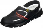 Preview: Das Bild zeigt einen schwarzen Schuh mit offener Ferse, der eine breite, rutschfeste Sohle hat. Er hat rote und weiße Designelemente sowie die Marke ?ABEBA? seitlich.