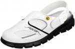 Preview: Der Schuh ist ein weißer Clog mit einer schwarzen Gummisohle. Er hat perforierte Seiten für Belüftung und einen verstellbaren Riemen an der Ferse. Das Markenlogo ist sichtbar.