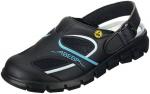 Preview: Der Schuh ist ein schwarzer Clog mit blauen Akzenten und einem sportlichen Design. Er hat ein offenes Hinterteil, eine rutschfeste Sohle und Mesh-Einsätze für Belüftung.