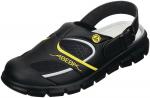 Preview: Der Schuh ist ein schwarzer Clog mit gelben Akzenten. Er hat ein offenes Design, eine rutschfeste Sohle und einen verstellbaren Riemen an der Ferse für besseren Halt.