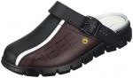 Preview: Der Schuh ist eine schwarze Clog mit einem braunen Lederoberteil. Er hat einen verstellbaren Riemen über dem Fuß und eine rutschfeste Gummisohle, die gut dämpft.