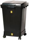 Preview: In the image, there is a black trash can with a lid. It has wheels on the bottom, making it easily movable. There is a warning symbol on the front.