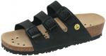 Preview: The shoe is a black, open sandal with three straps secured by buckles. The sole is brown and features a slight curve as well as small holes for ventilation.