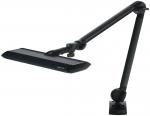 Preview: The image shows a black desk lamp with a flexible, flared arm. The lampshade is flat and elongated, mounted on a sturdy base.