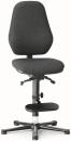 Preview: The chair has a black fabric cover and a high, ergonomic backrest. The seat is also black and mounted on a swivel base with five casters. There is a footrest.
