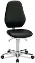 Preview: The office chair has a tall, slightly curved back and a padded seat. It is black with shiny chrome-colored casters and a stability base.