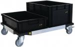 Preview: The image shows a cart with two black plastic crates. One crate is larger than the other. The cart has four wheels for easy movement.