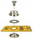 Preview: The image shows a technical assembly consisting of five parts: a screw, a metal sleeve, a washer, a yellow plaque with a hole in the middle, and another metal base.