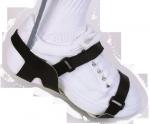 Preview: The image shows a white sports shoe that is secured with a black holder or strap. The shoe is positioned on a foot, and a gray sock is visible.